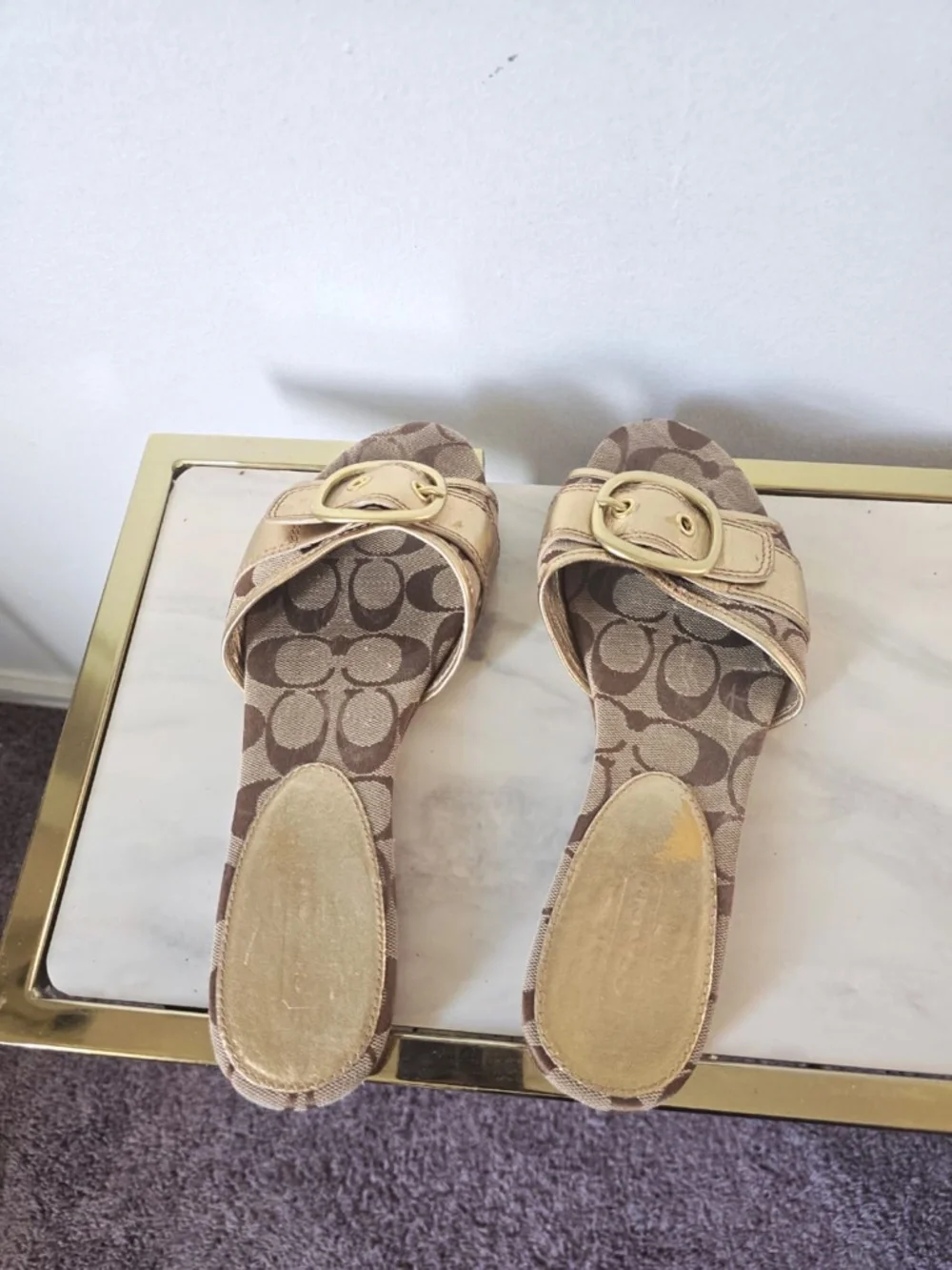 Coach Amazing Gold Leather Flat Slide Sandals Gold Buckle 9.5B - Picture 2 of 6